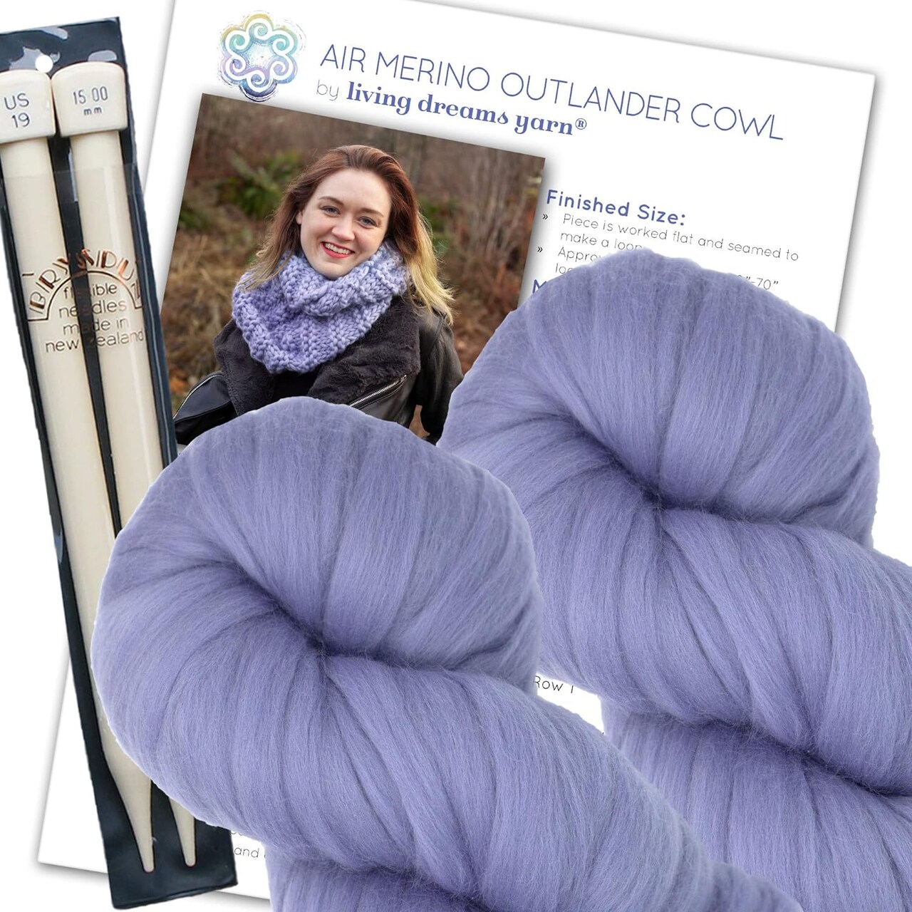 Merino Cowl Knitting Kit: Soft and Thick #7 Weight Jumbo Yarn, Knitting Needles and Pattern. Beginner. Everything Included, Great for Gifts